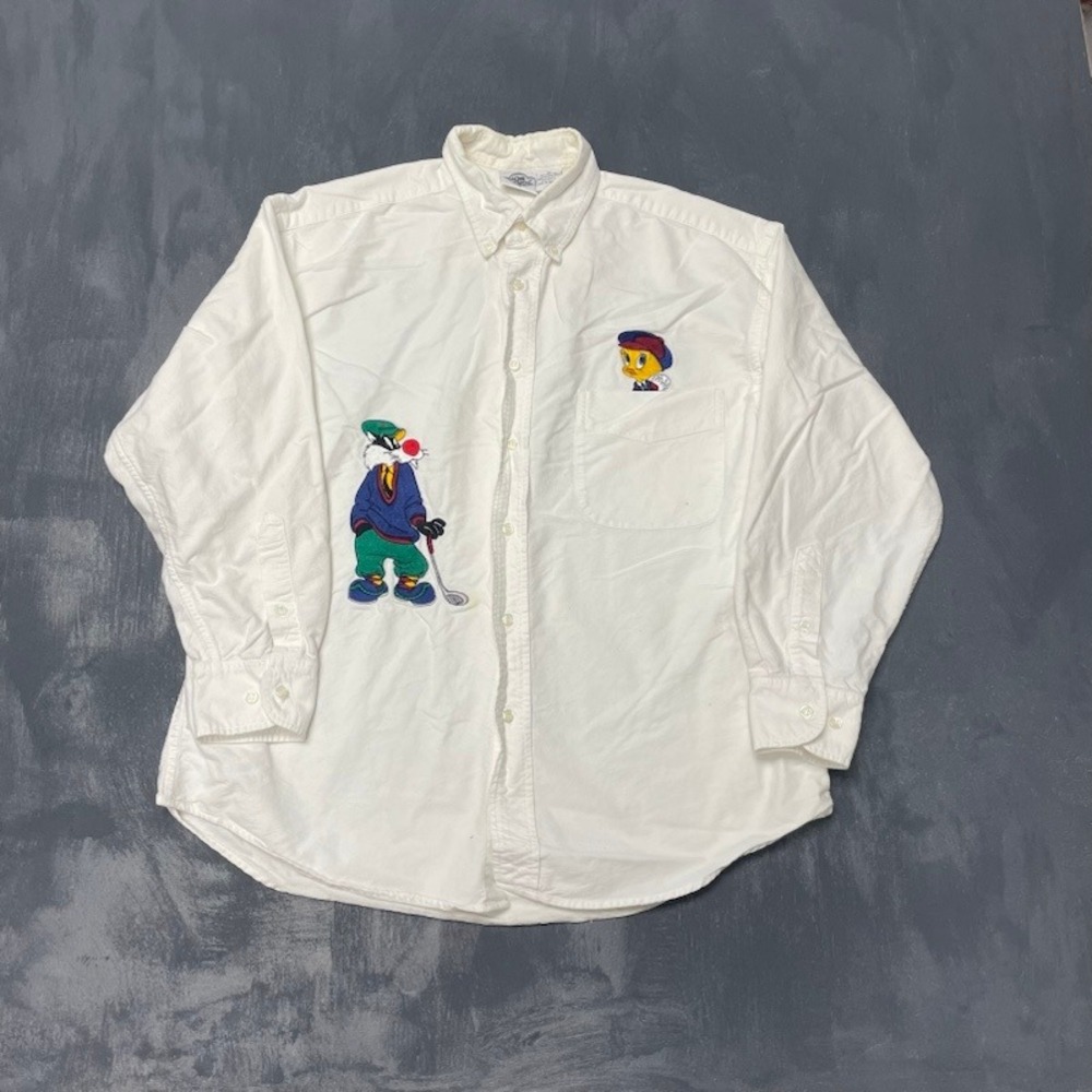 Vintage Looney Tunes Golf Button Down Shirt Men Medium White 1990s Acme Clothing